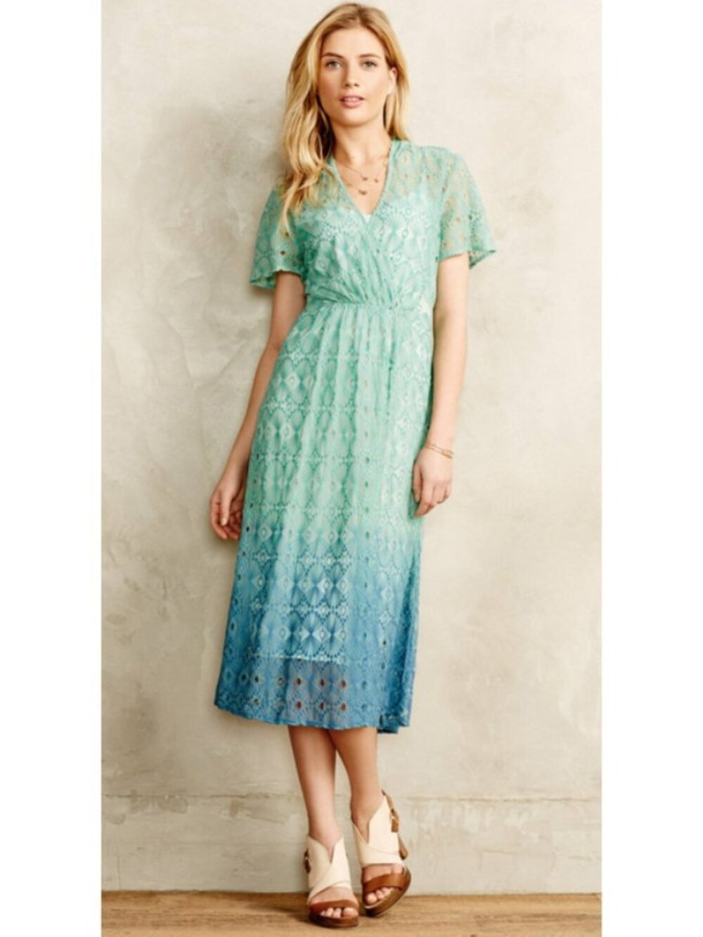 Vanessa Virginia Green & Blue Ombre Floral Embroidered Midi Dress, Size 0